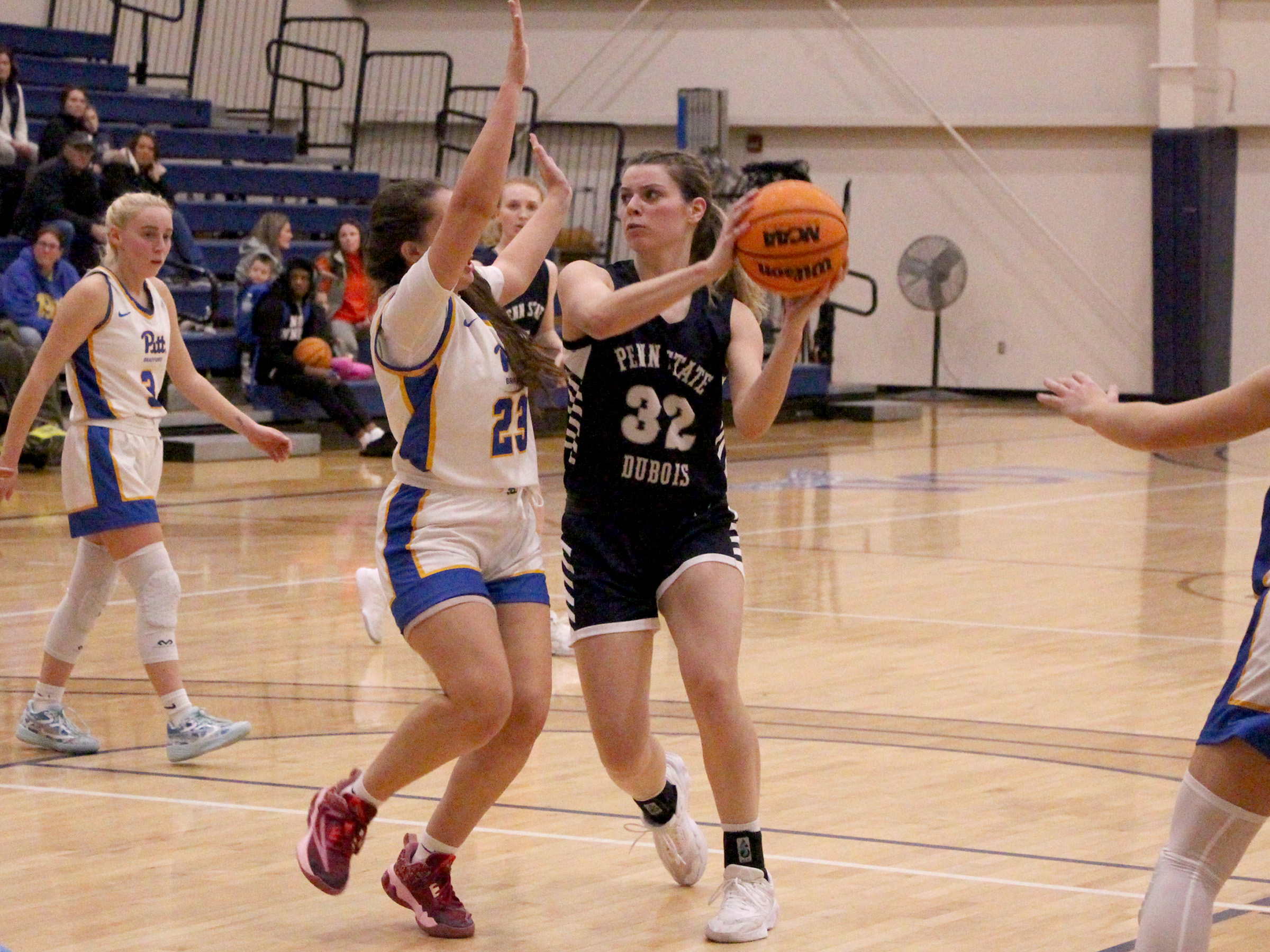 Penn State DuBois freshman forward Elizabeth Hungiville handles the basketball in the lane during a recent game away from home when the Lady Lions visited Pitt Bradford.