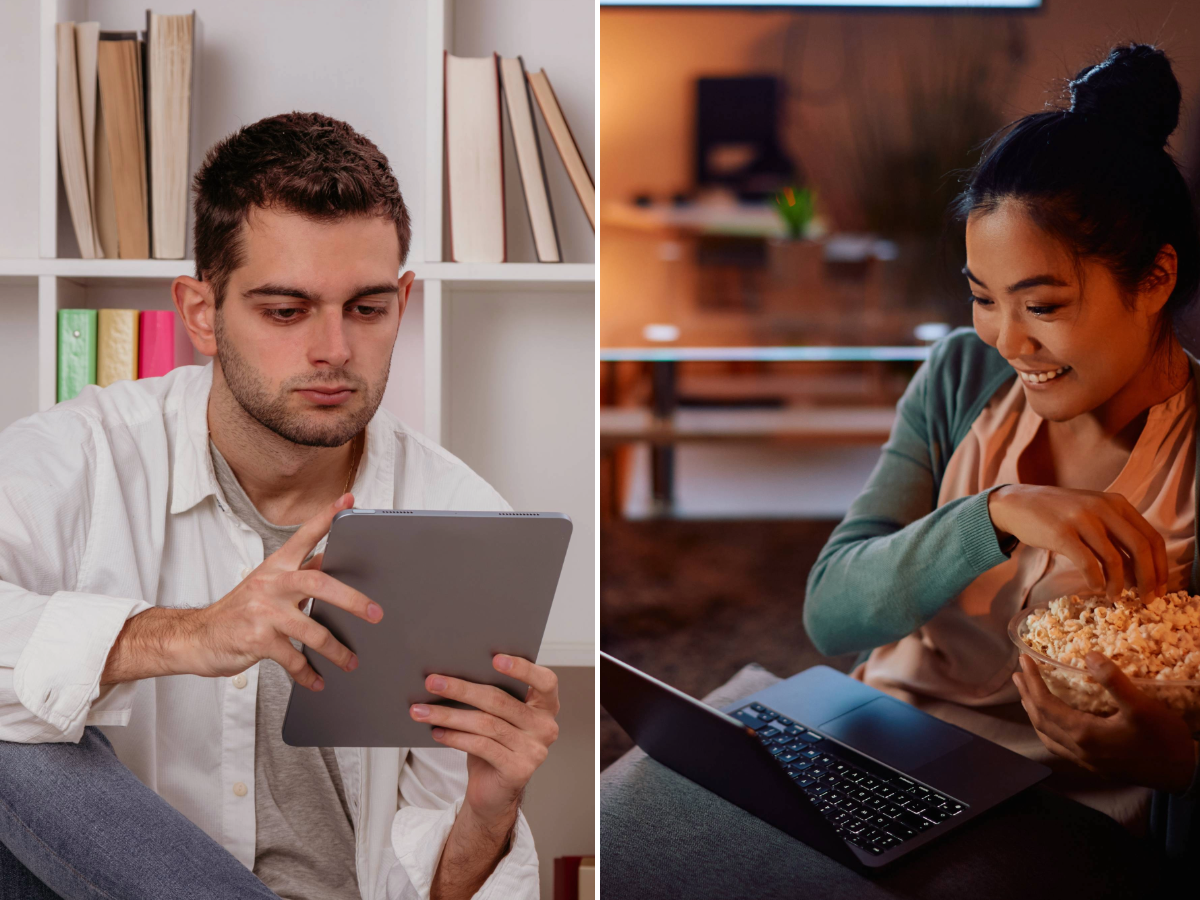 male reading on iPad and female watching laptop screen and eating popcorn