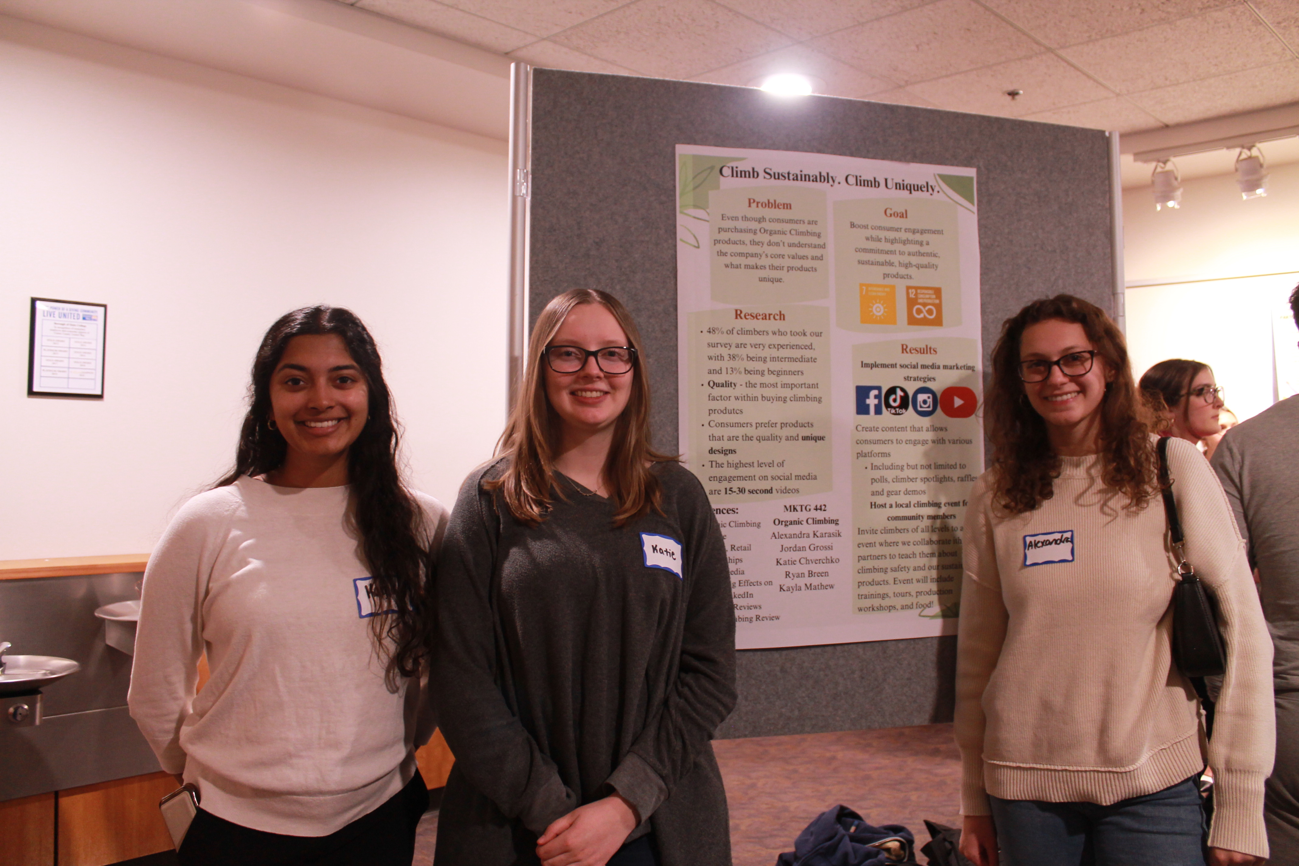 Kayla Mathew, Katie Chverchko, and Alexandra Karasik representing MKTG 442, partner: Organic Climbing