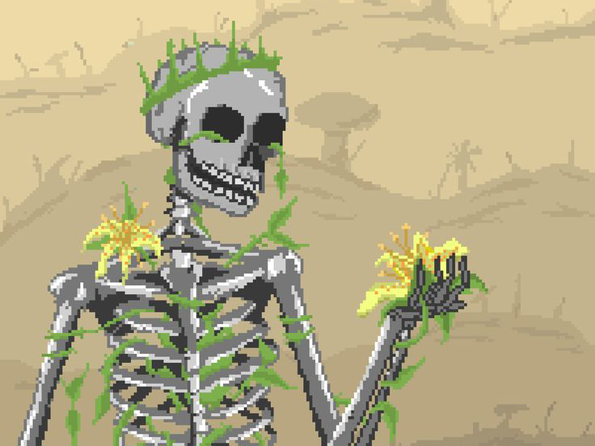 artwork depicting a skeleton holding a yellow flower as vines grow throughout its bones