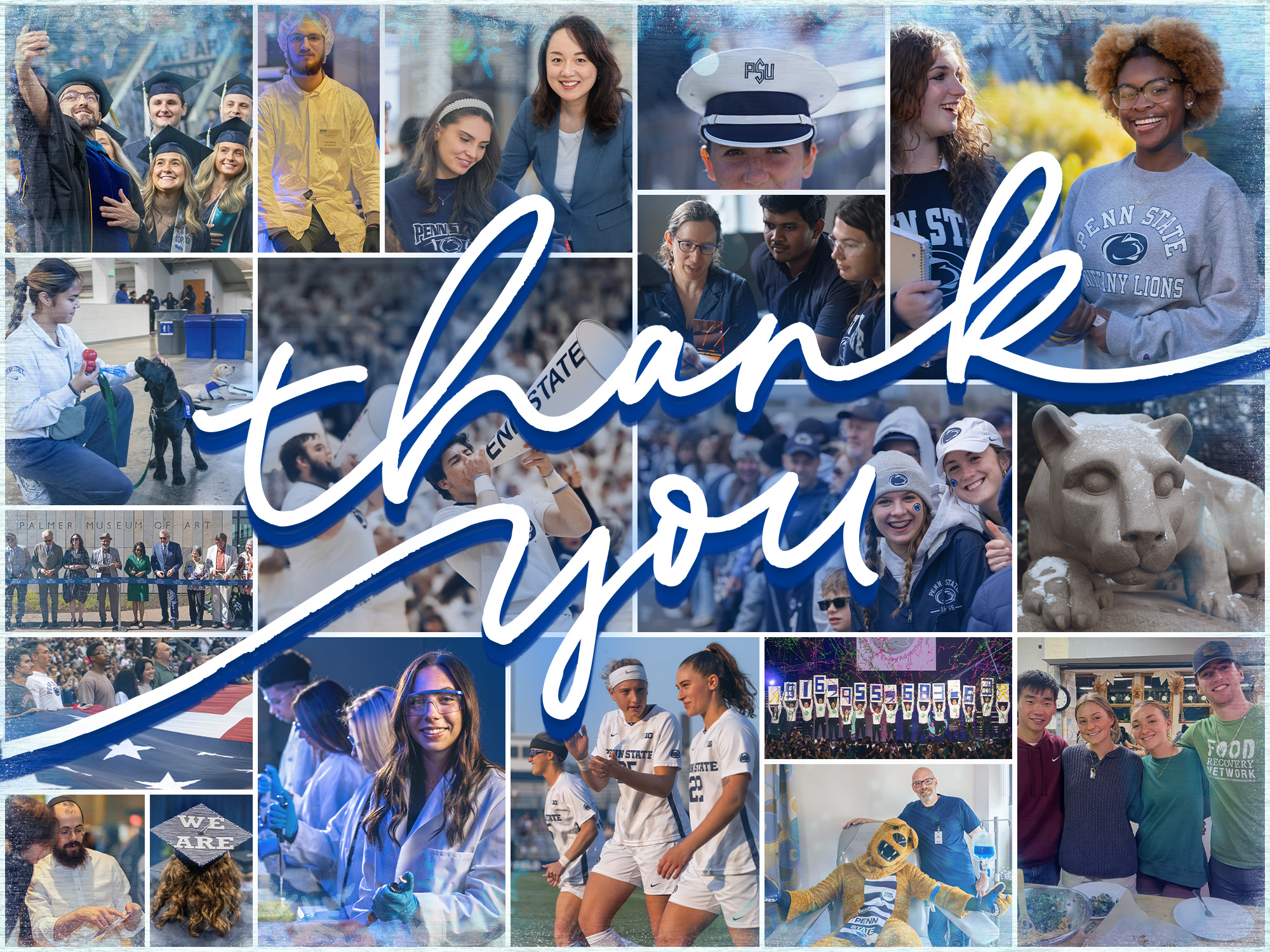 A photo grid collage of photos of Penn Staters in 2024, with the text "Thank You" overlayed over the photo collage.