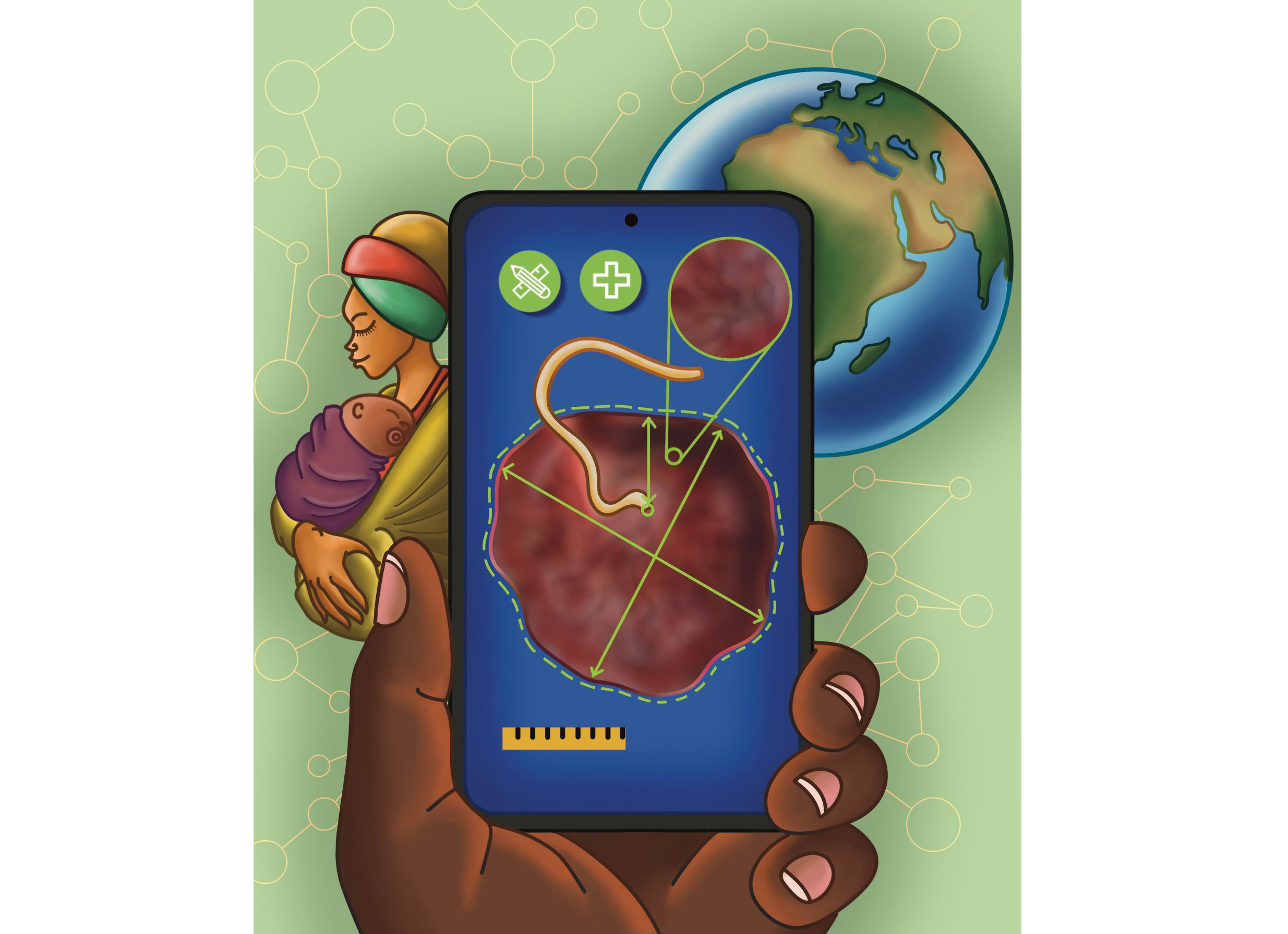 illustration of cellphone with placenta image. baby, mother, earth in background