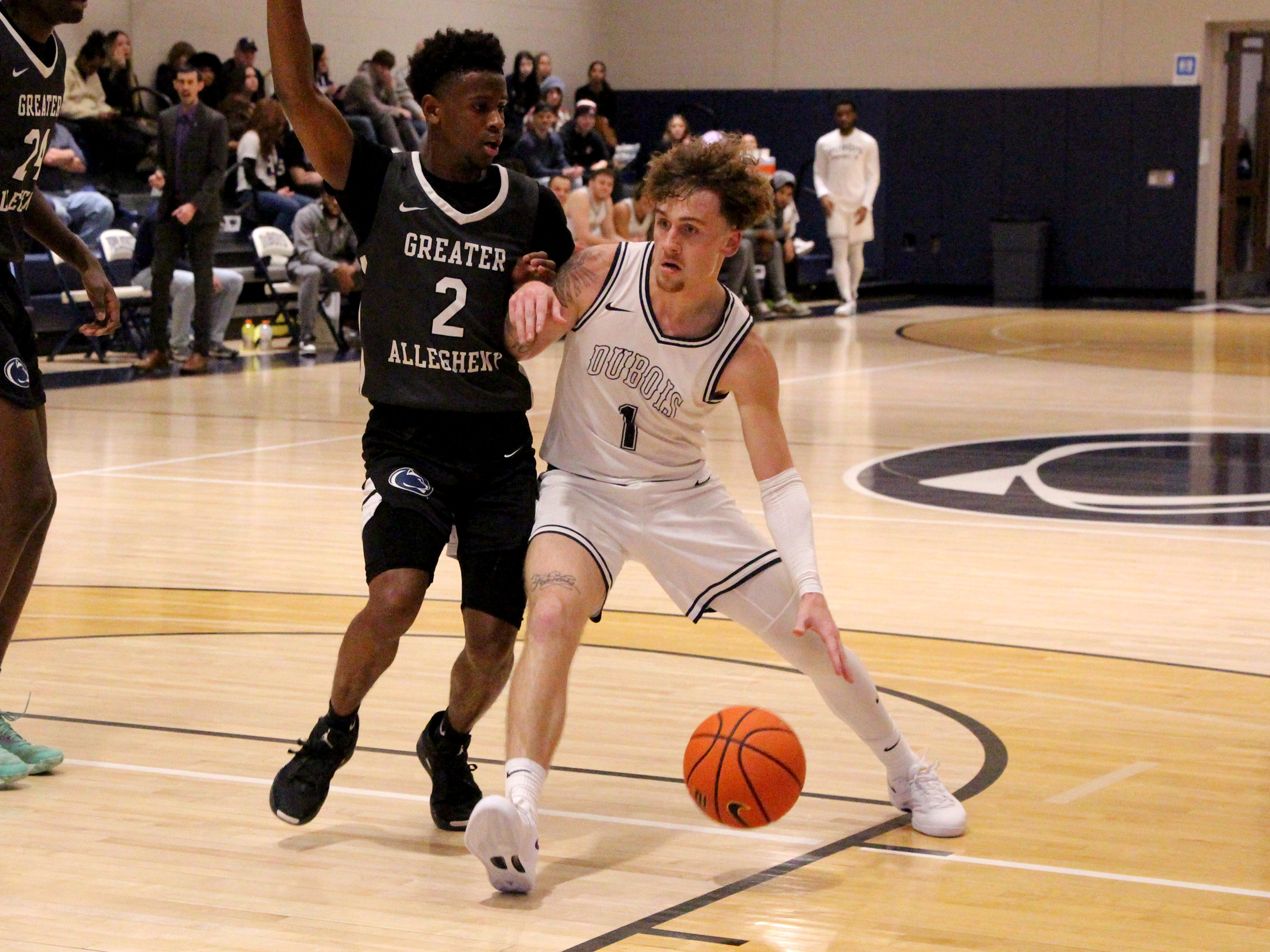 Penn State DuBois senior guard Jordin Sommers dribbles and protects the basketball as he drives in the lane during a recent basketball game at the PAW Center, on the campus of Penn State DuBois.