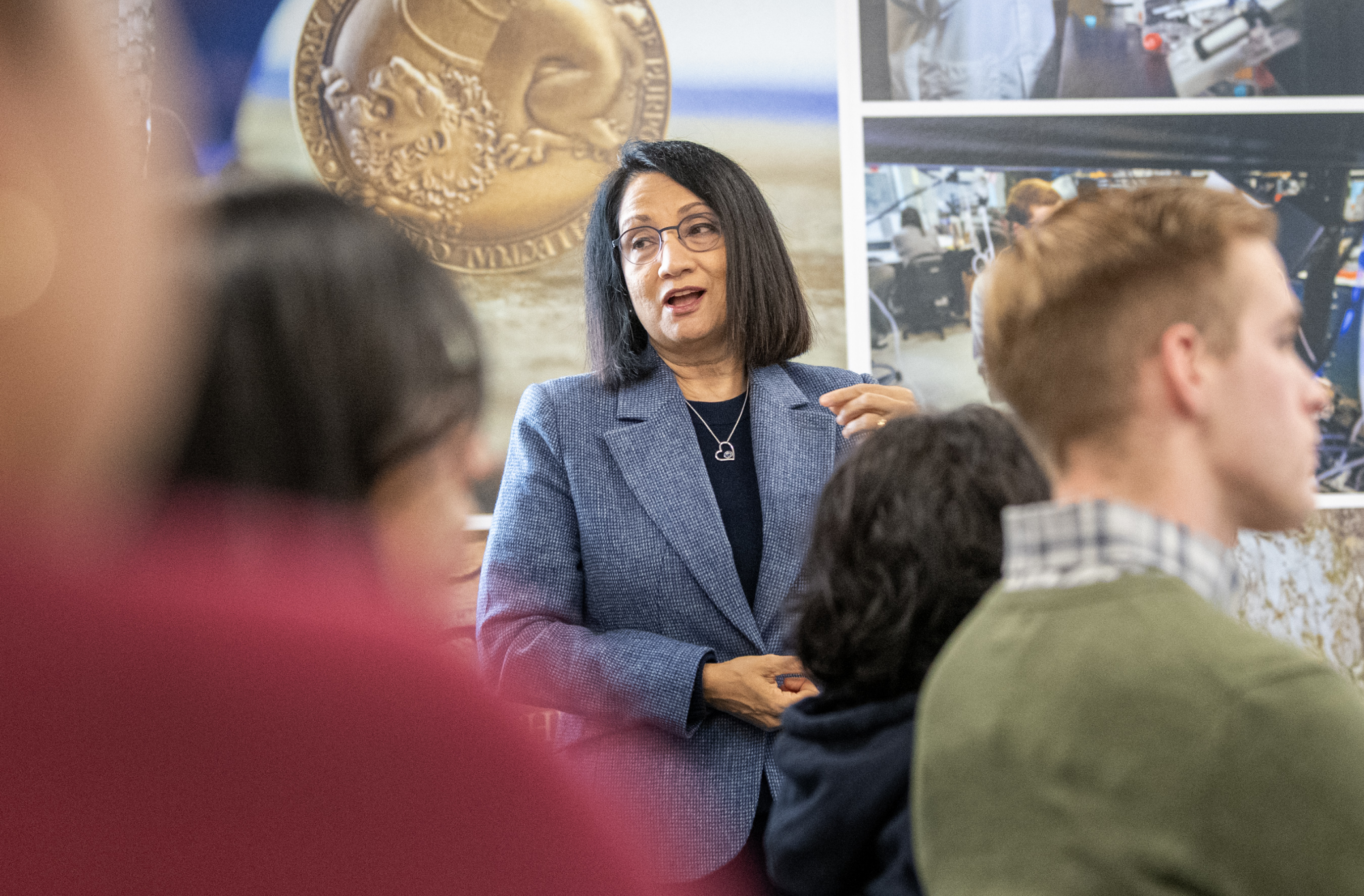 President Bendapudi in front of a class 