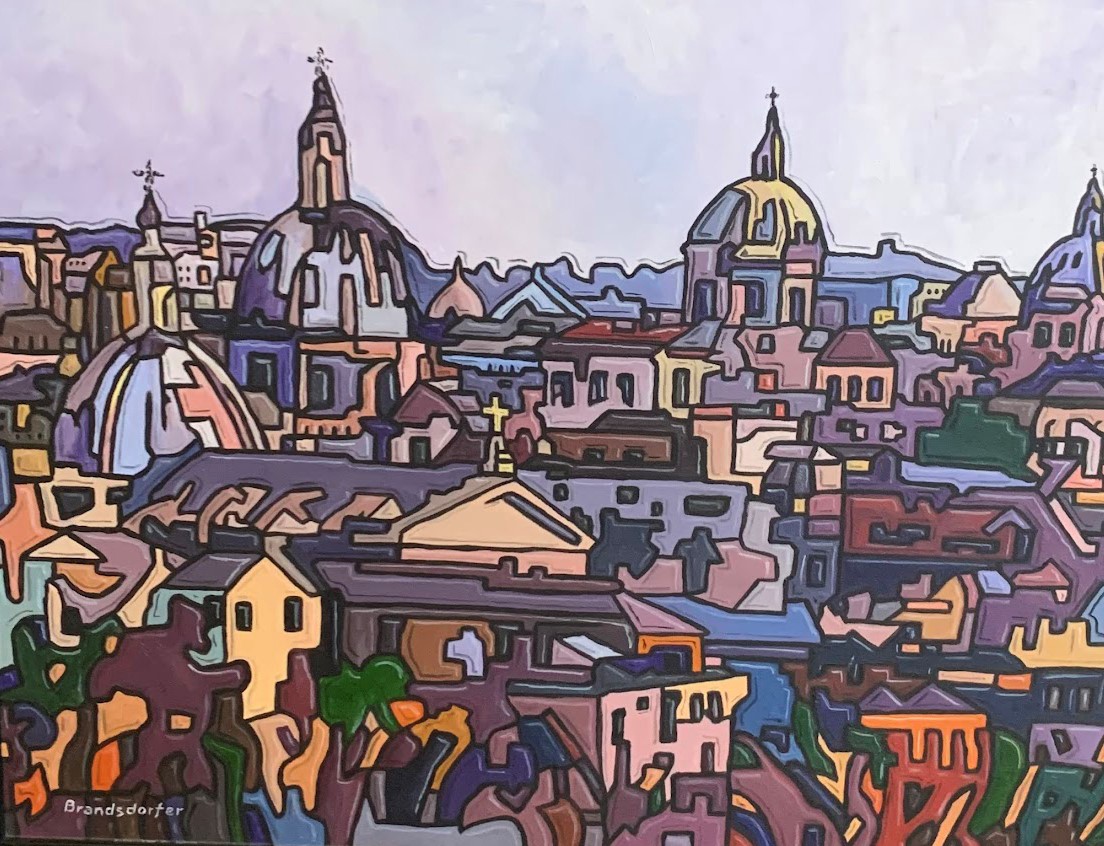 Colorful painting of a cityscape that is part of the Delaware Valley Art League exhibit