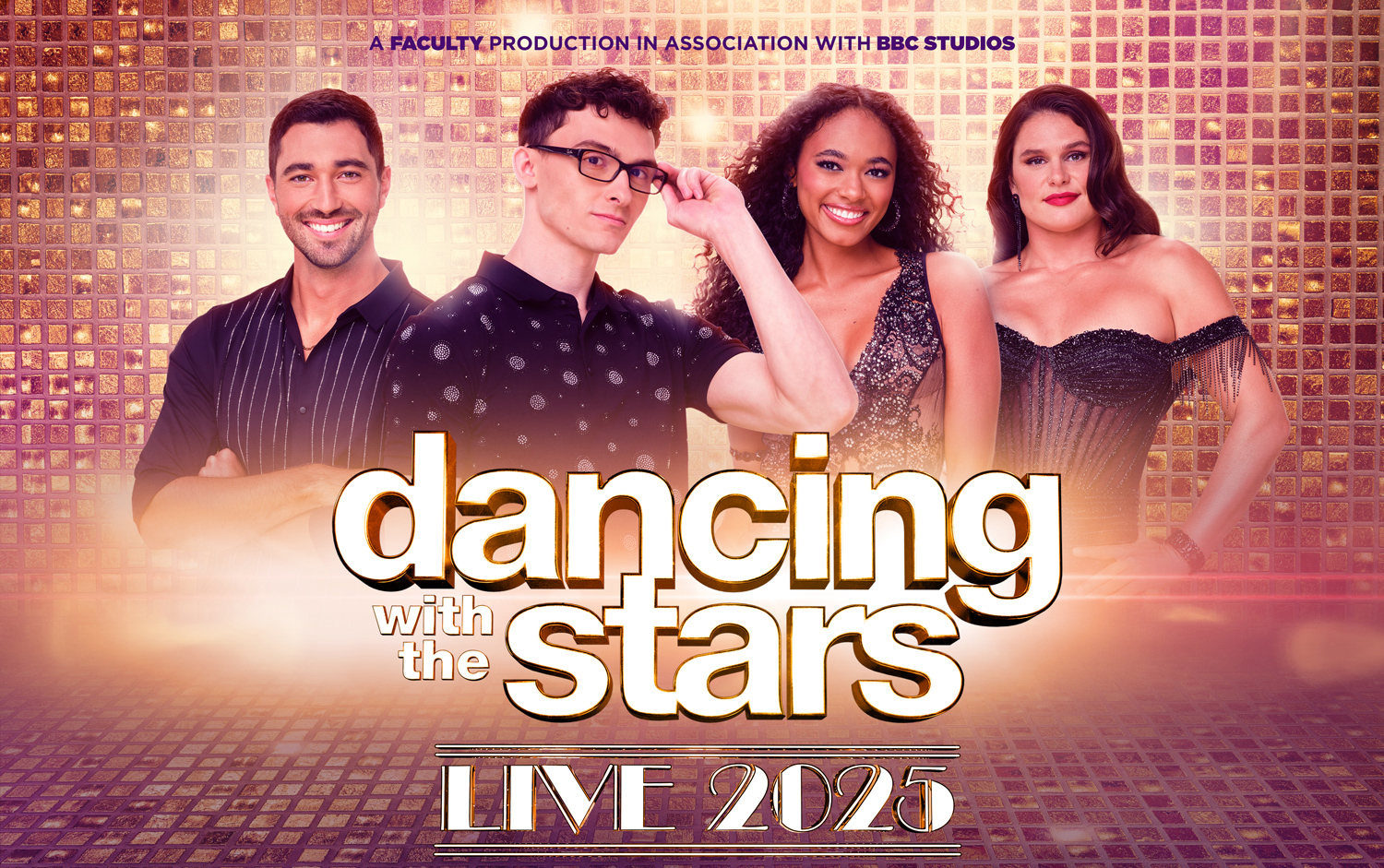 A graphic advertising "Dancing with the Stars Live 2025" with four dancers' pictures