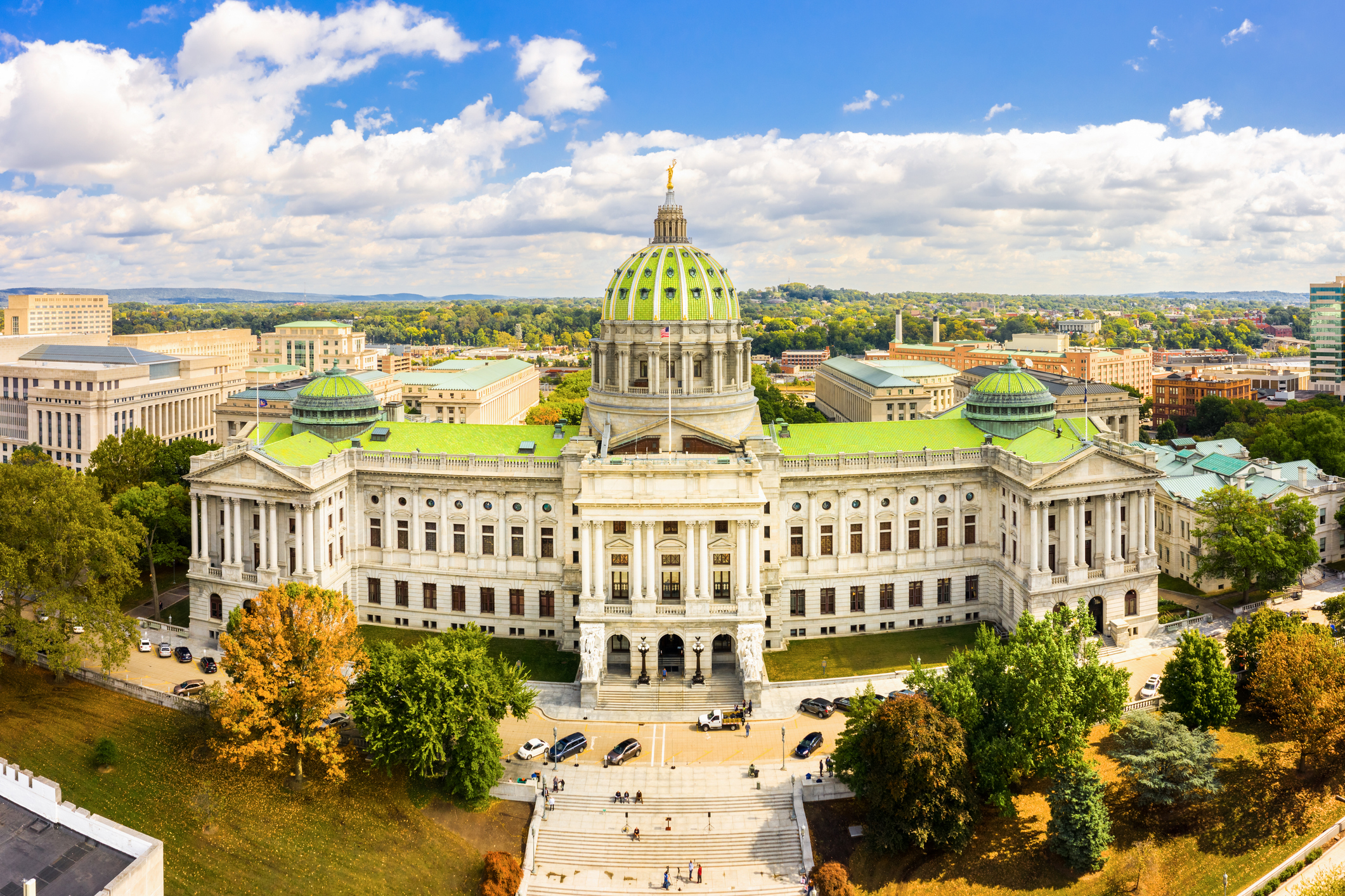 Drone view of the Pennsylvania State Capitol.