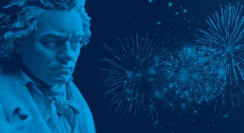 A bust of a piano composer is shown next to fireworks.