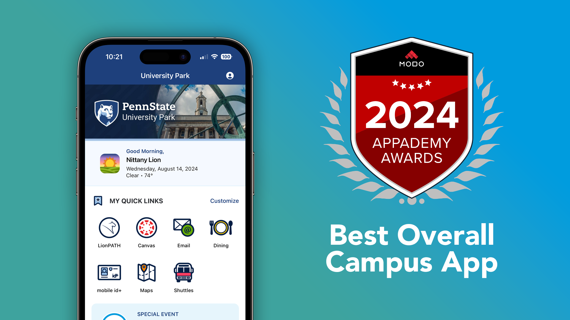 Image showing  cellphone with Penn State Go app displayed, and the 2024 Appademy Awards logo.