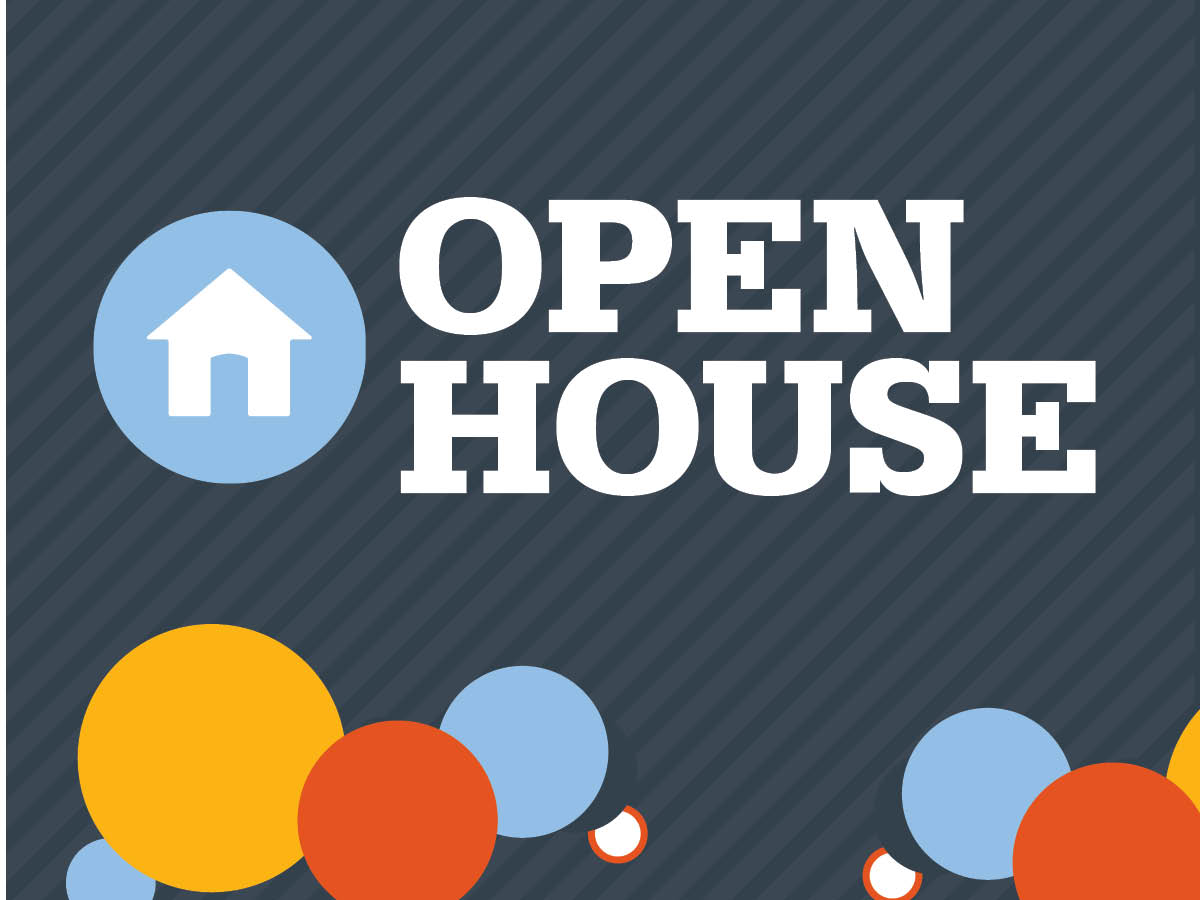 Open House graphic, navy background, color bubbles