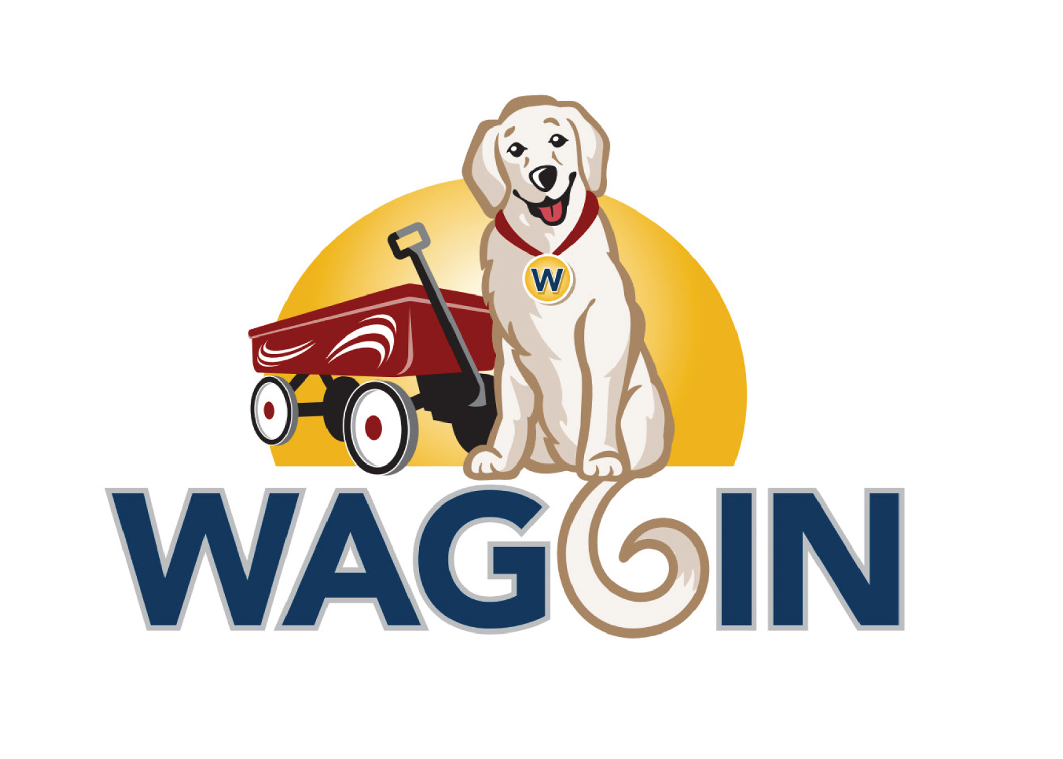 Graphic design of the Waggin logo, a Labrador retriever next to a wagon pale.