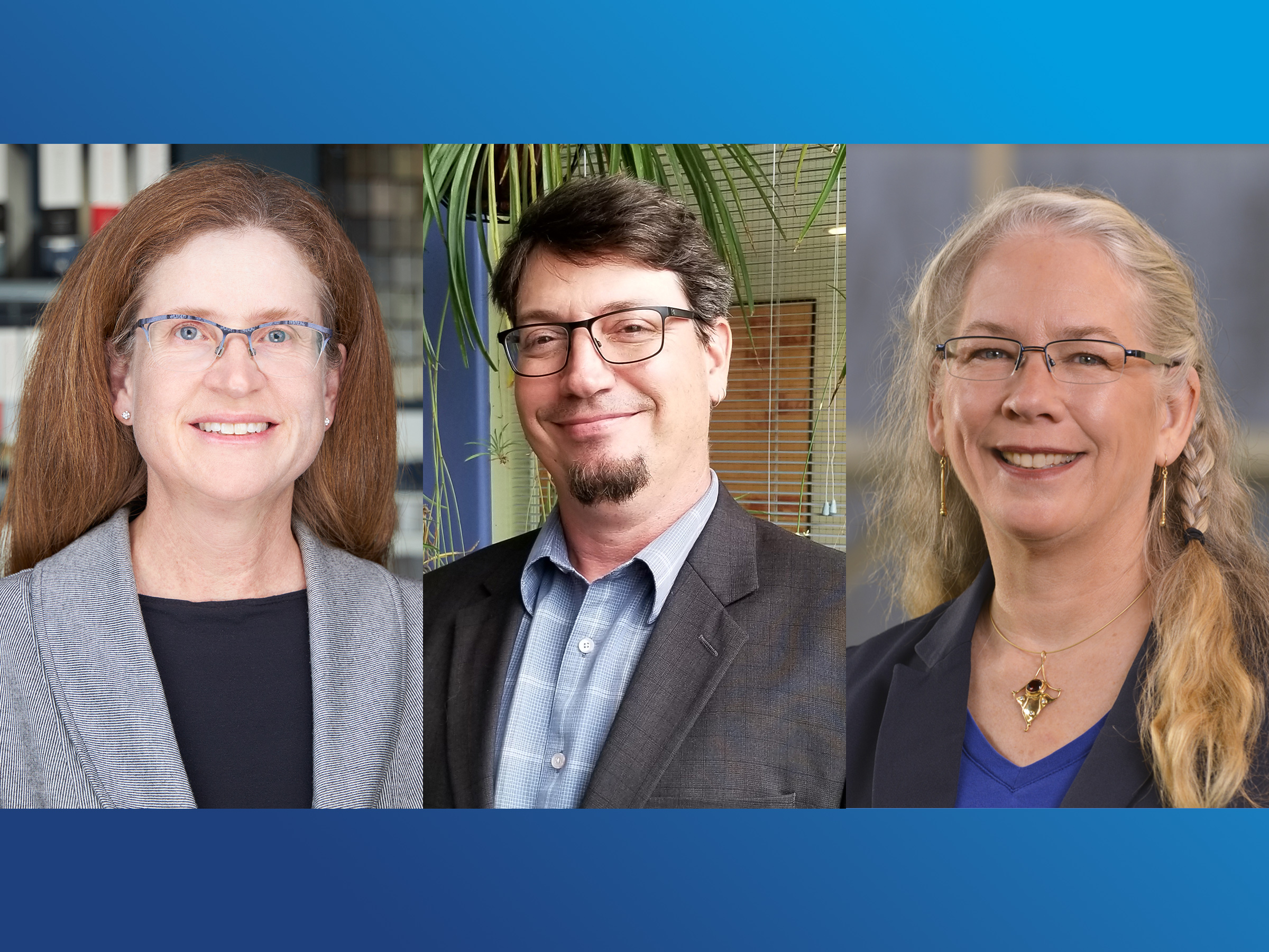 Three professional headshots of individuals on a blue background