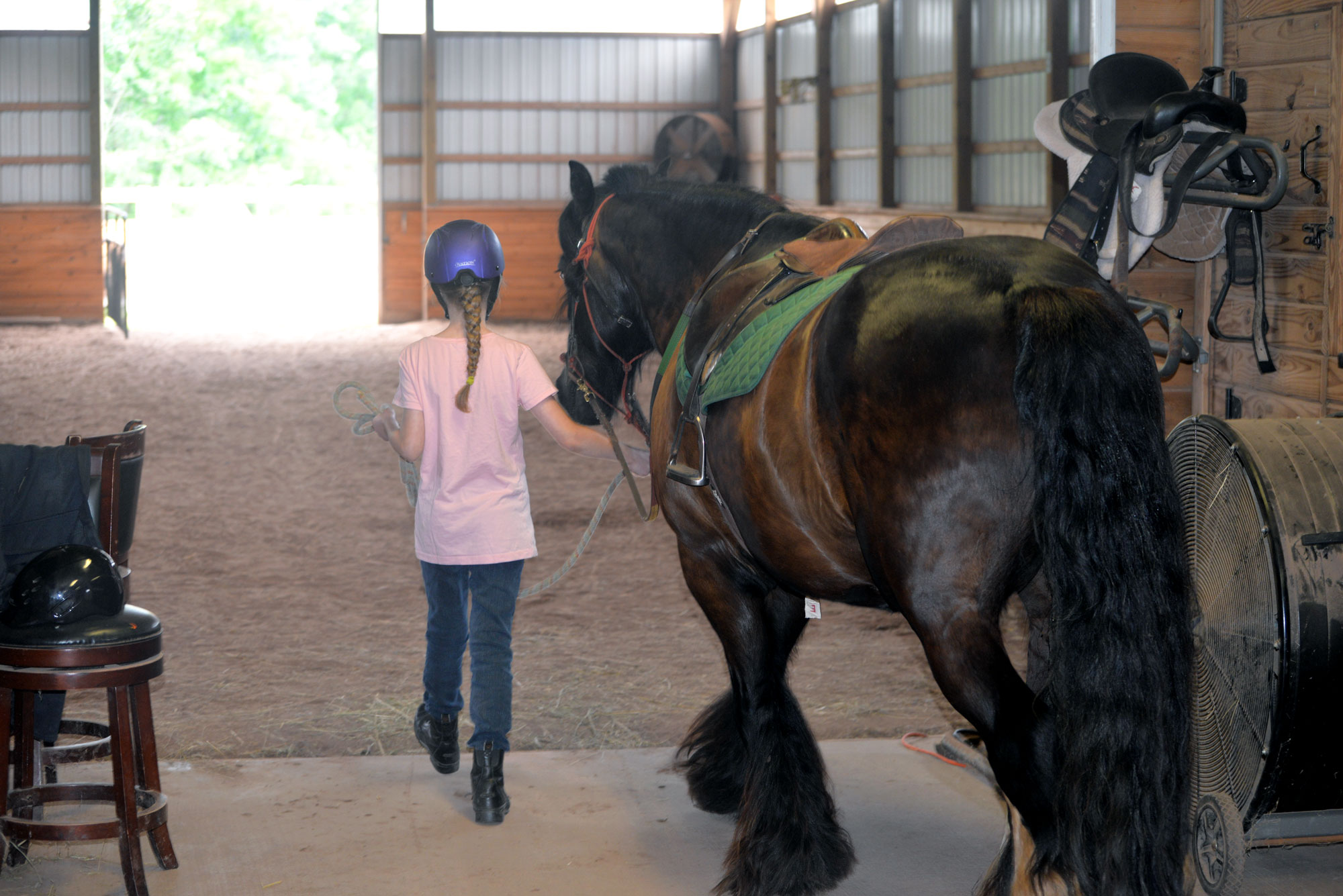 A young blonde girl walks a tall, brown horse toward an open barn door into the sun