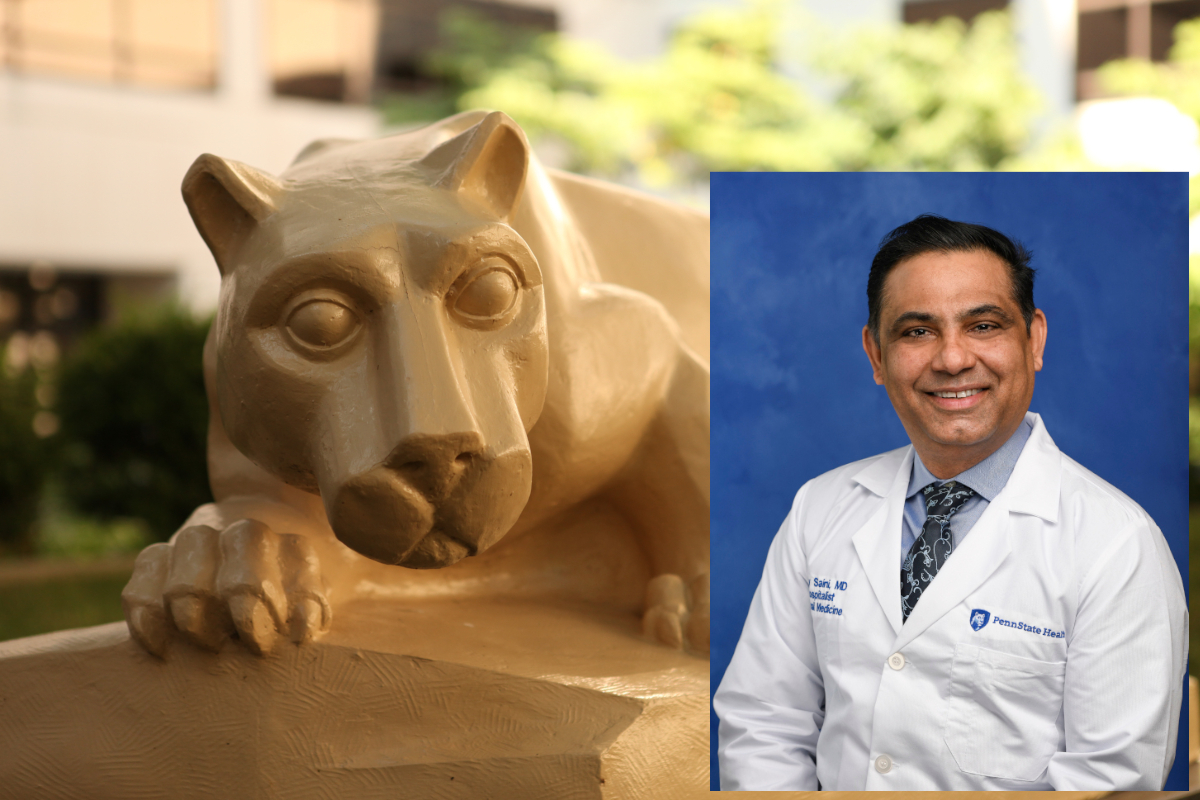 A professional headshot of Dr. Ajay Saini wearing a white medical coat is superimposed over a larger image of a Nittany Lion statue.
