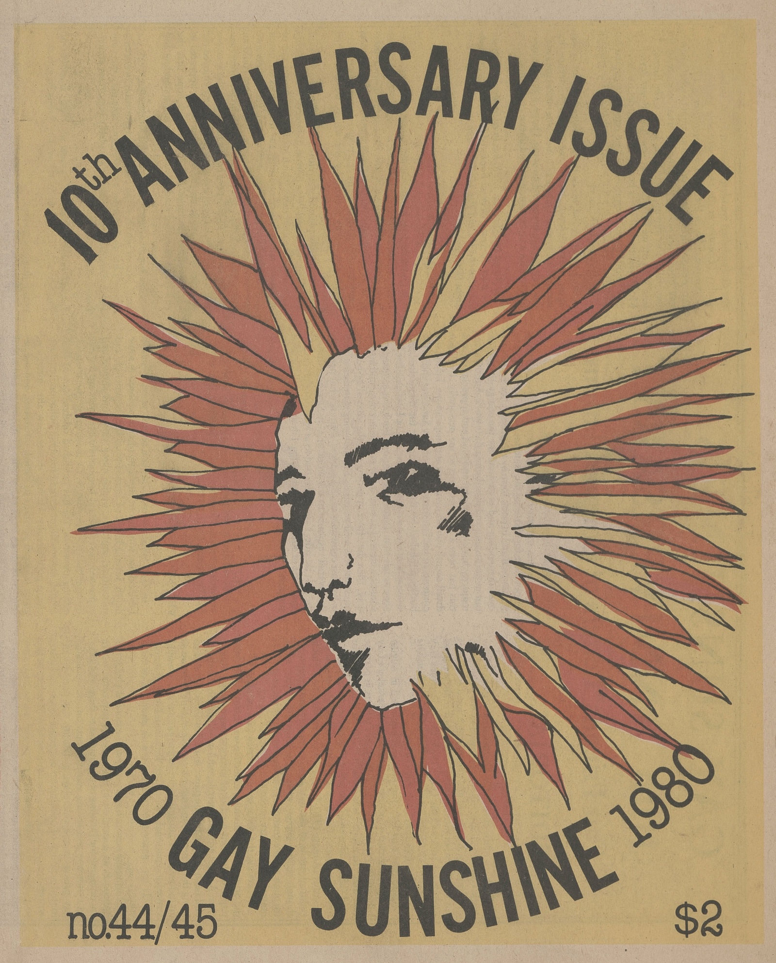 cover art from Gay Sunshine periodical, face encircled with sunshine rays