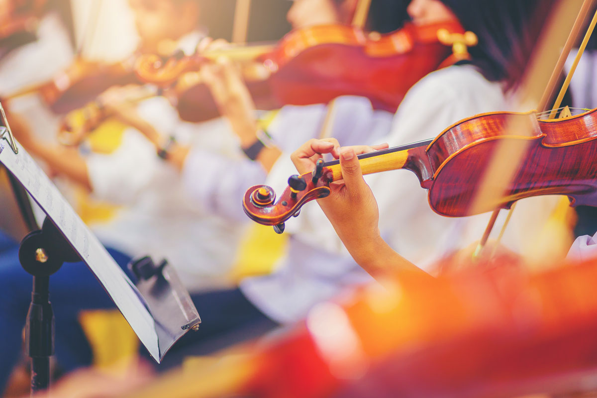 The focus is on a violinist playing the instrument while other performers around are blurrred.