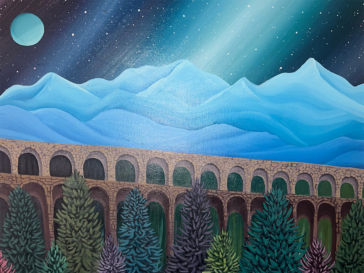 Artworking by Maggie Parks depicting the northern lights over mountain tops and trees