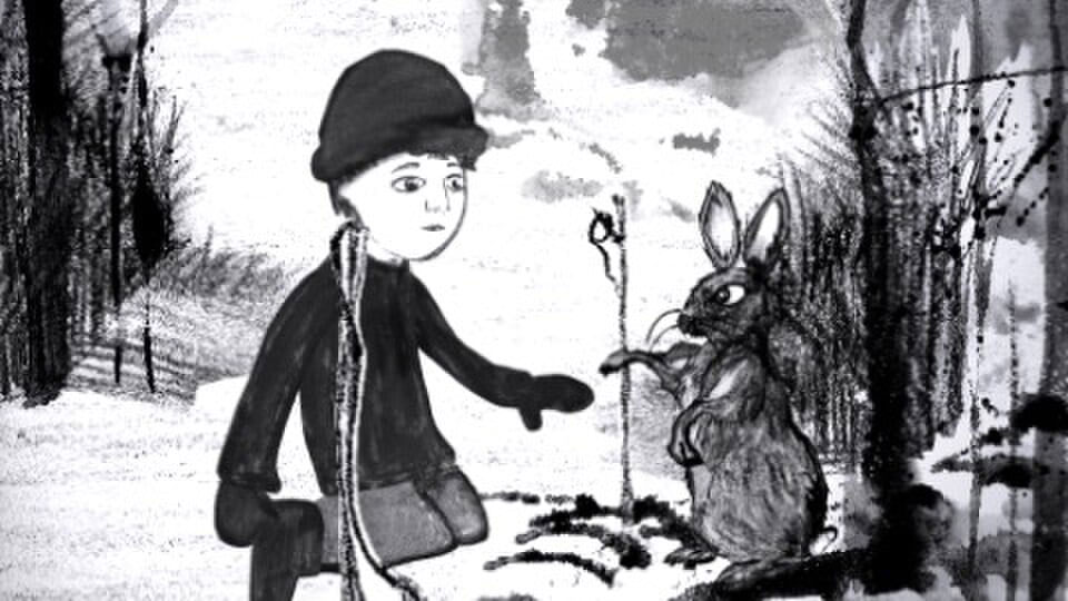 An illustration of a boy looking at a rabbit.