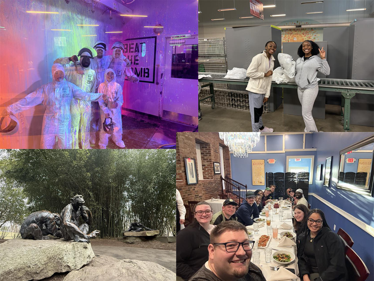 Penn State Fayette students explored Washington, D.C. over spring break, tackling an escape room challenge (top left), volunteering at the Capital Area Food Bank (top right), visiting a local zoo (bottom left), and enjoying a group dinner (bottom right).