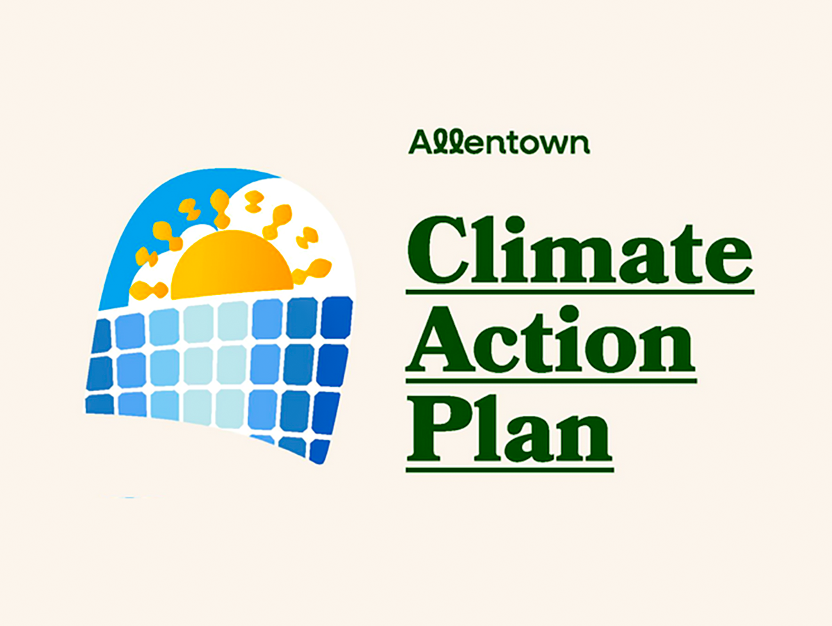 A graphic represenation of the sun rising over solar panels and the words Allentown Climate Action Plan