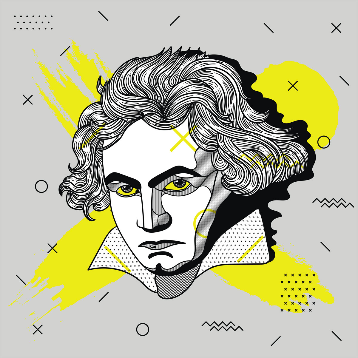 An illustration of composer Beethoven is shown amid modern shapes and bright colors.