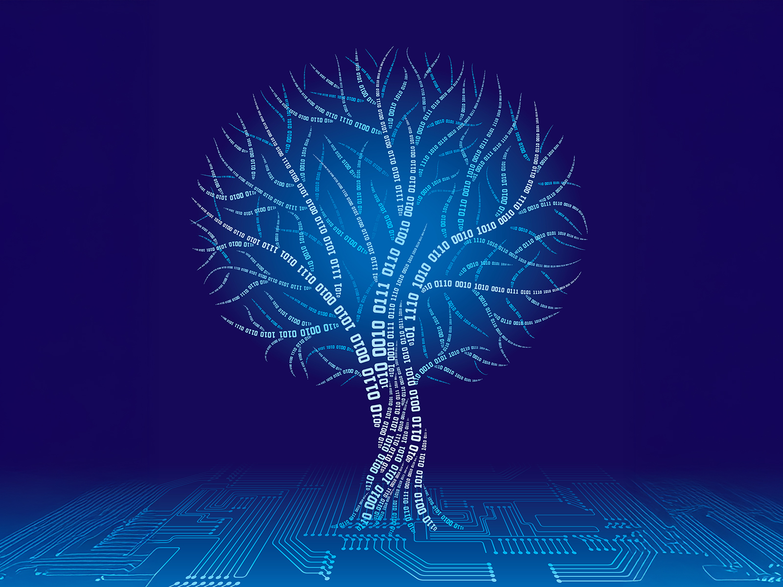 Illustration of a tree made of ones and zeroes on a blue background