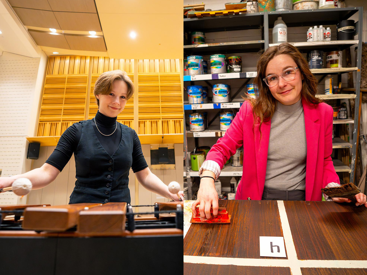 A young woman with short hair at a marimba and a young woman with long hair in a studio with paint cans behind her