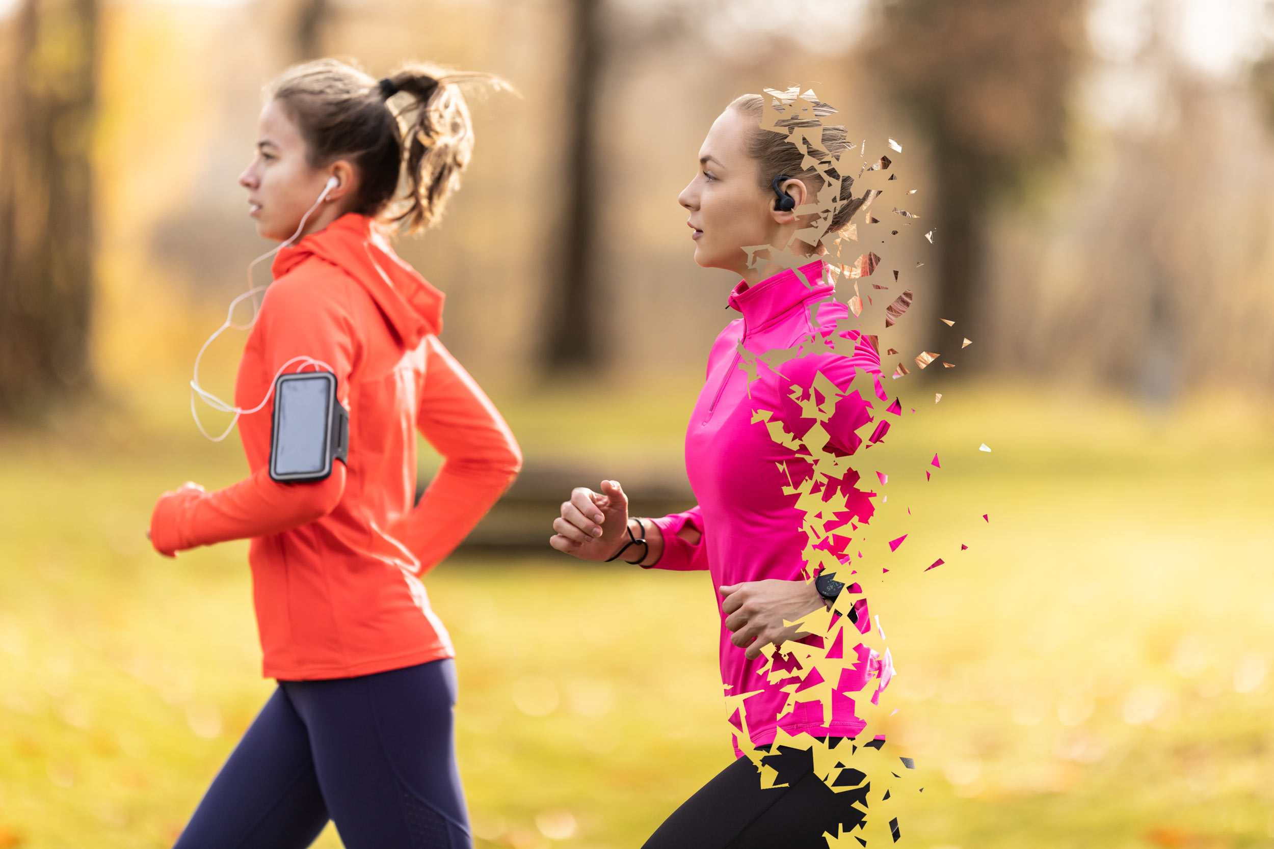 Two people running outdoors. One has stylized holes in their body to represent lack of energy sufficiency.