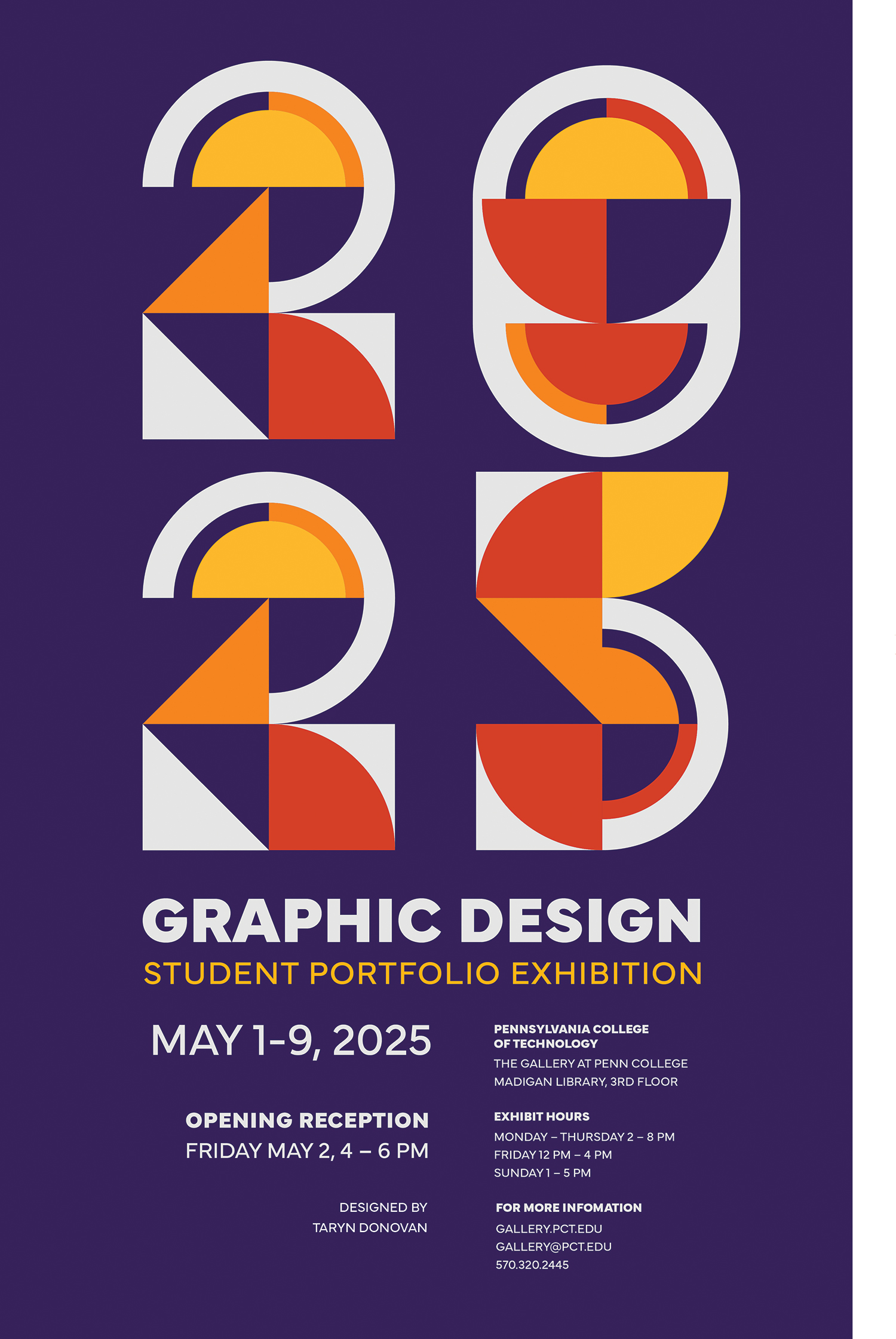 An exhibition poster in oranges and purples saying Graphic Design