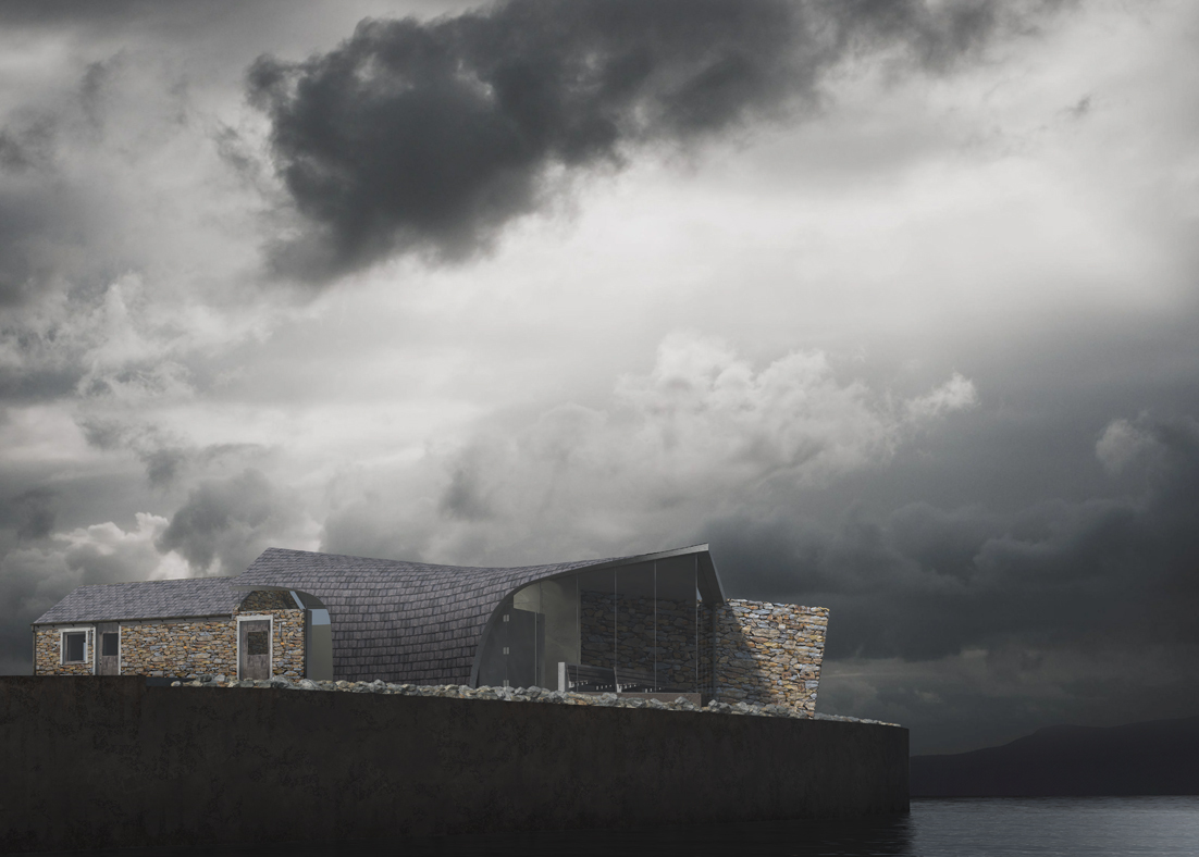 An architectural rendering of a building on a dark, gloomy island. 