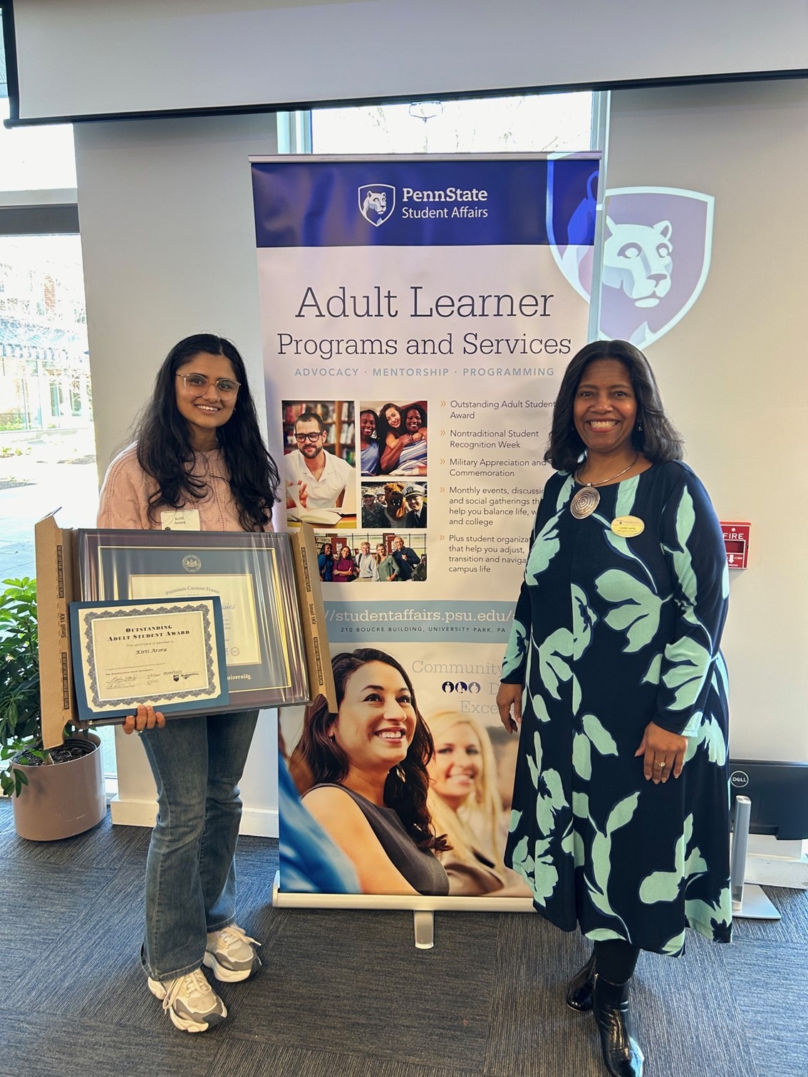 Kirti Arora, recipient of the 2025 Outstanding Adult Student Award and Leslie Lang, director of Adult Learner Programs and Services. 