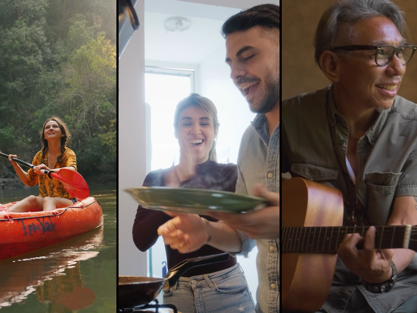 3 narrow images - one of a woman kayaking, one of a couple cooking food, and one of a man playing guitar