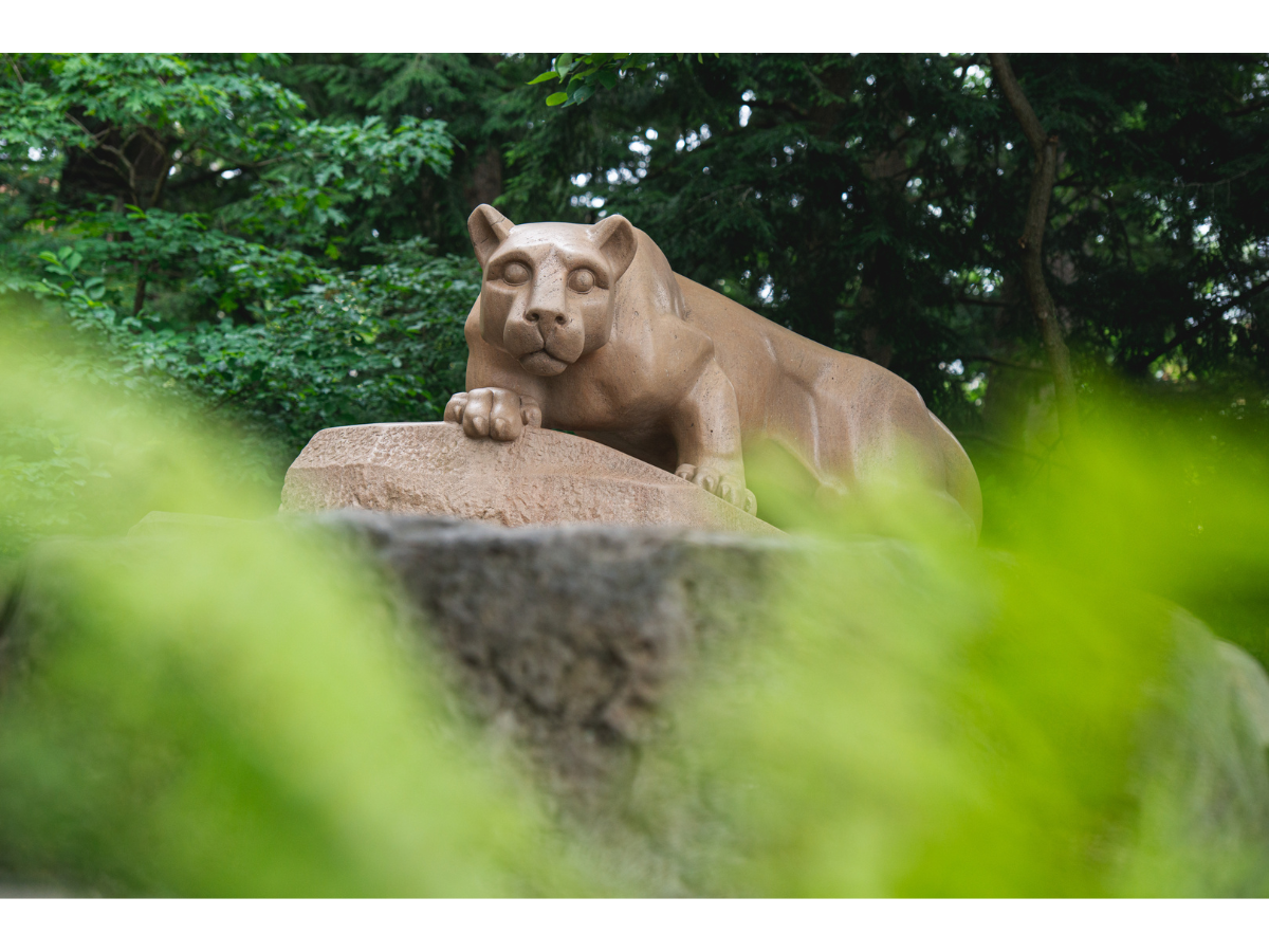 The Lion Shrine is crystal clear in the center of the frame as greenery is blurred framing the shrine.