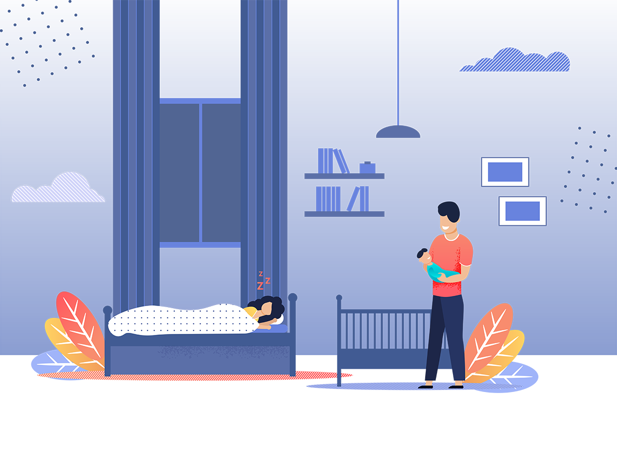 Illustration: A tired mom sleeps on a bed next to a happy father holding a child.