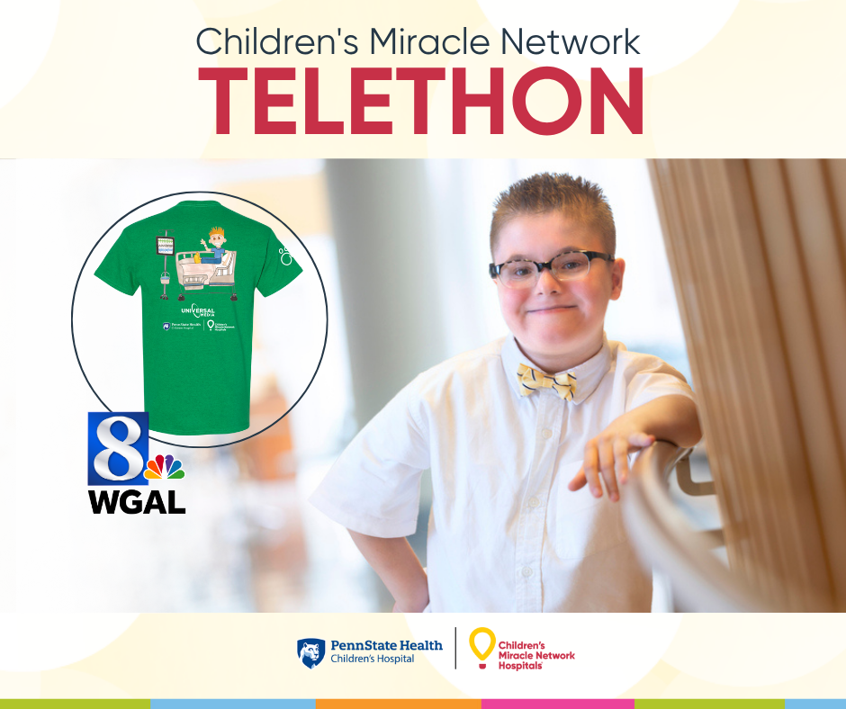 A graphic features a photo of Gannon Kupko beneath the words "Children's Miracle Network Telethon." His t-shirt design and the WGAL8 logo are also in the graphic.
