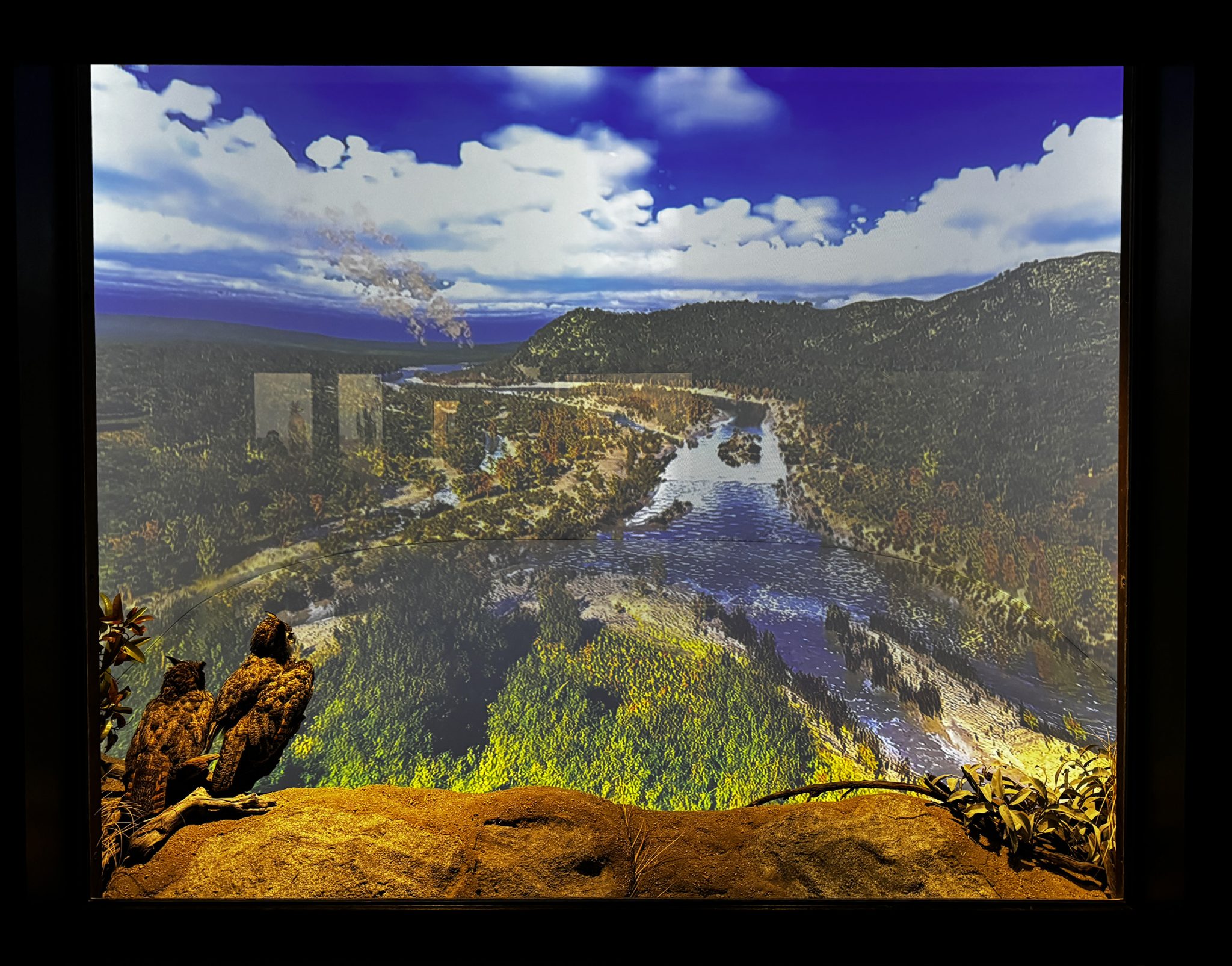 An image of a diorama with two owls overlooking a river and lush valley