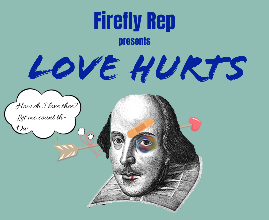 Funny depiction of Shakespeare with bruises and black eye and yelling Ouch