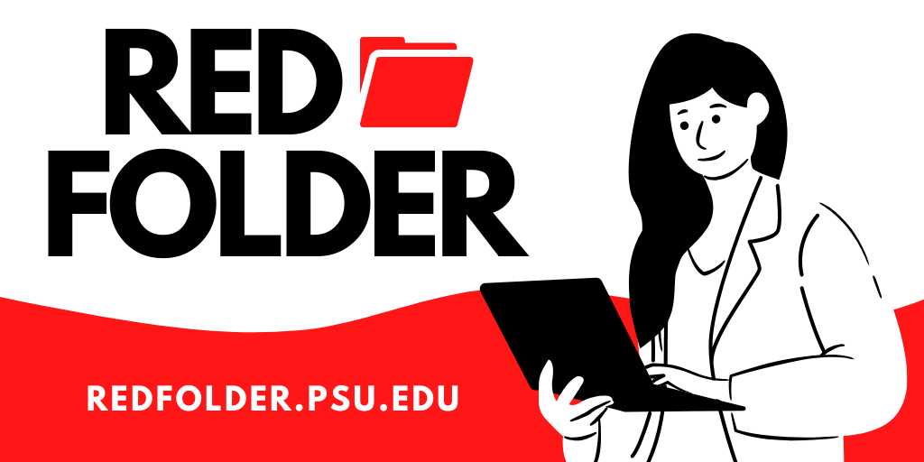 Red Folder graphic with woman holding laptop