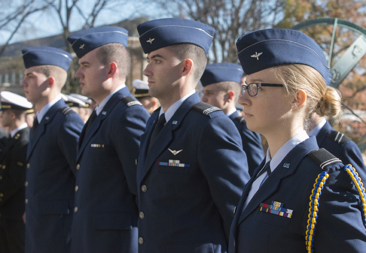 Air Force ROTC cadets stand in line, in uniform