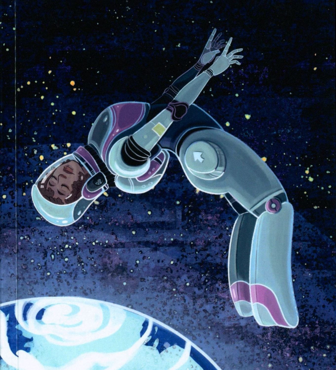 Illustration of woman in astronaut suit in space