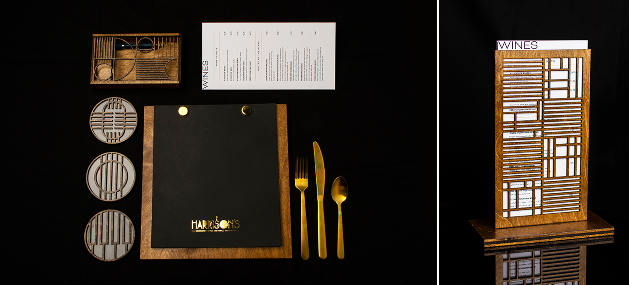 Restaurant table setting and wine list designs for a restaurant called Harrison's on a black background.