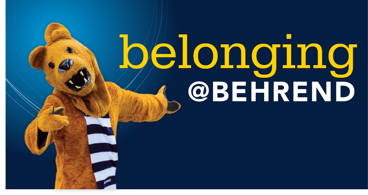 An illustration with the words "Belonging @ Behrend" next to the Nittany Lion.