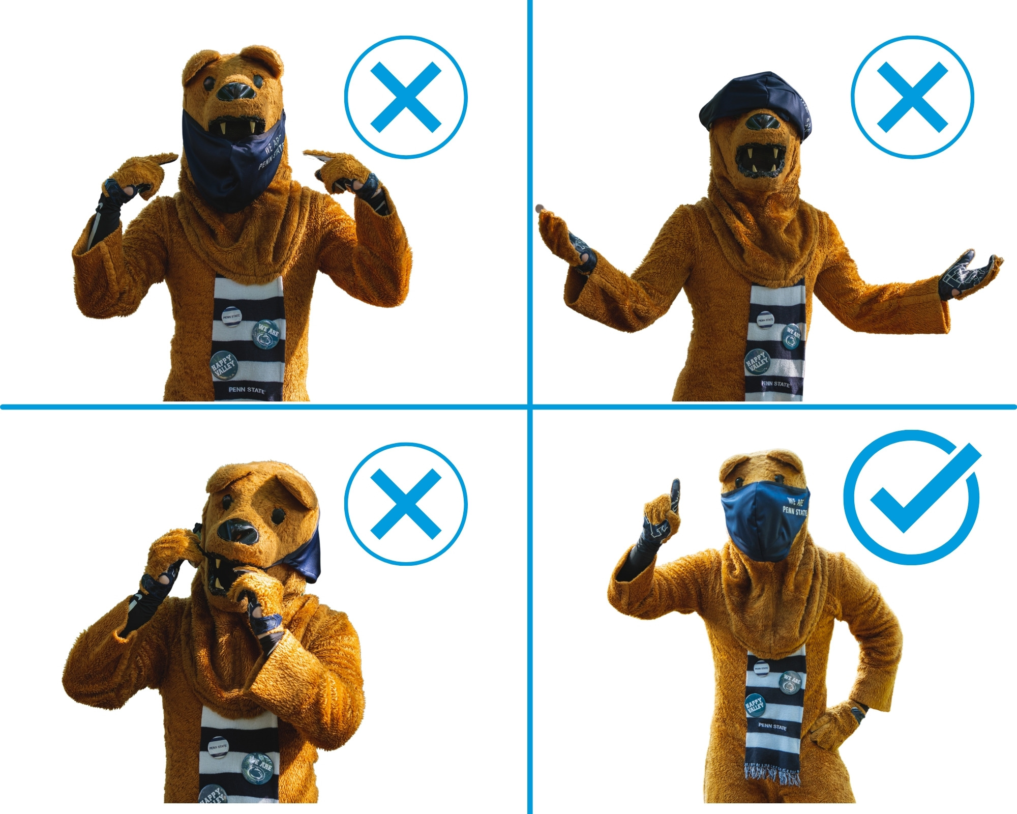 The Penn State Nittany Lion models the proper way to wear a mask.