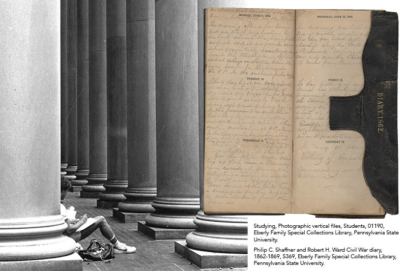 archival photos of student studying and a Civil War diary page