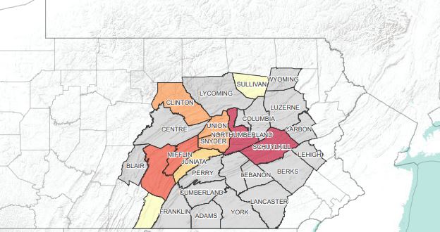 A map of central and eastern Pennsylvania has several counties highlighted in various colors.