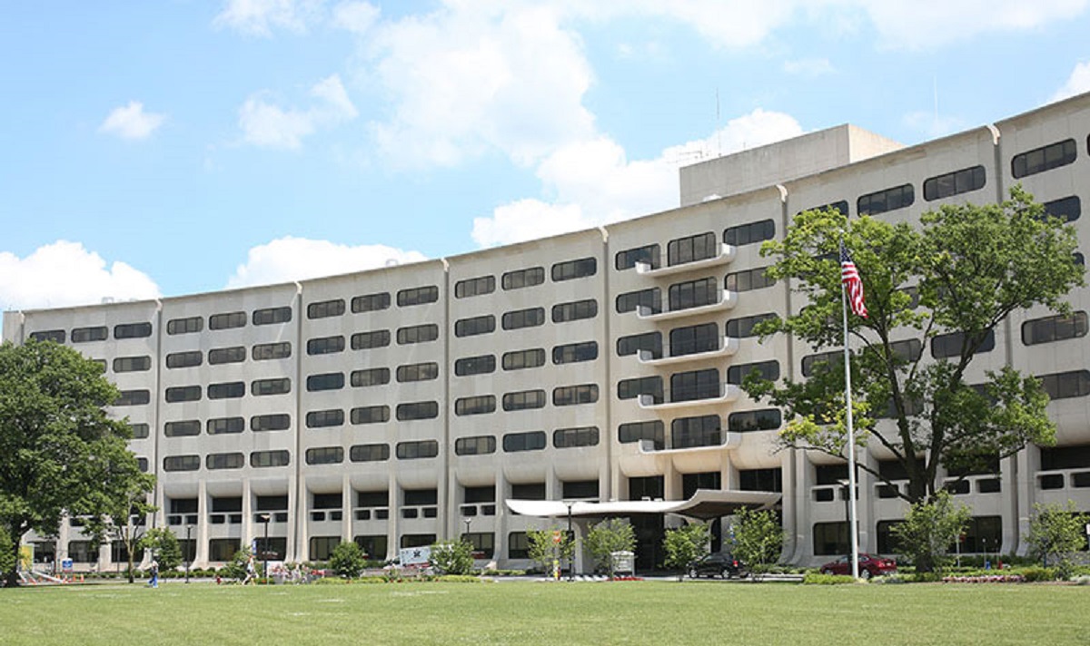 The building that houses Penn State's College of Medicine, a long crescent shaped building