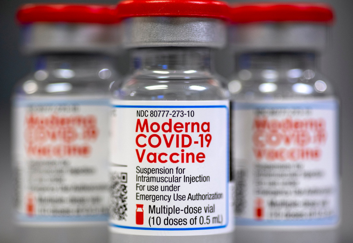 A closeup of Moderna COVID-19 vaccine vials