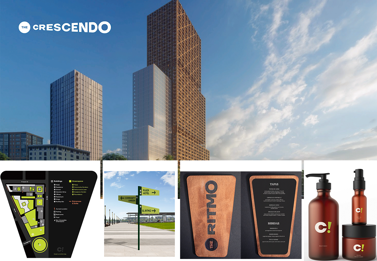 Crescendo-branded assets including a floorplan, wayfinding, a menu, and toiletries. 