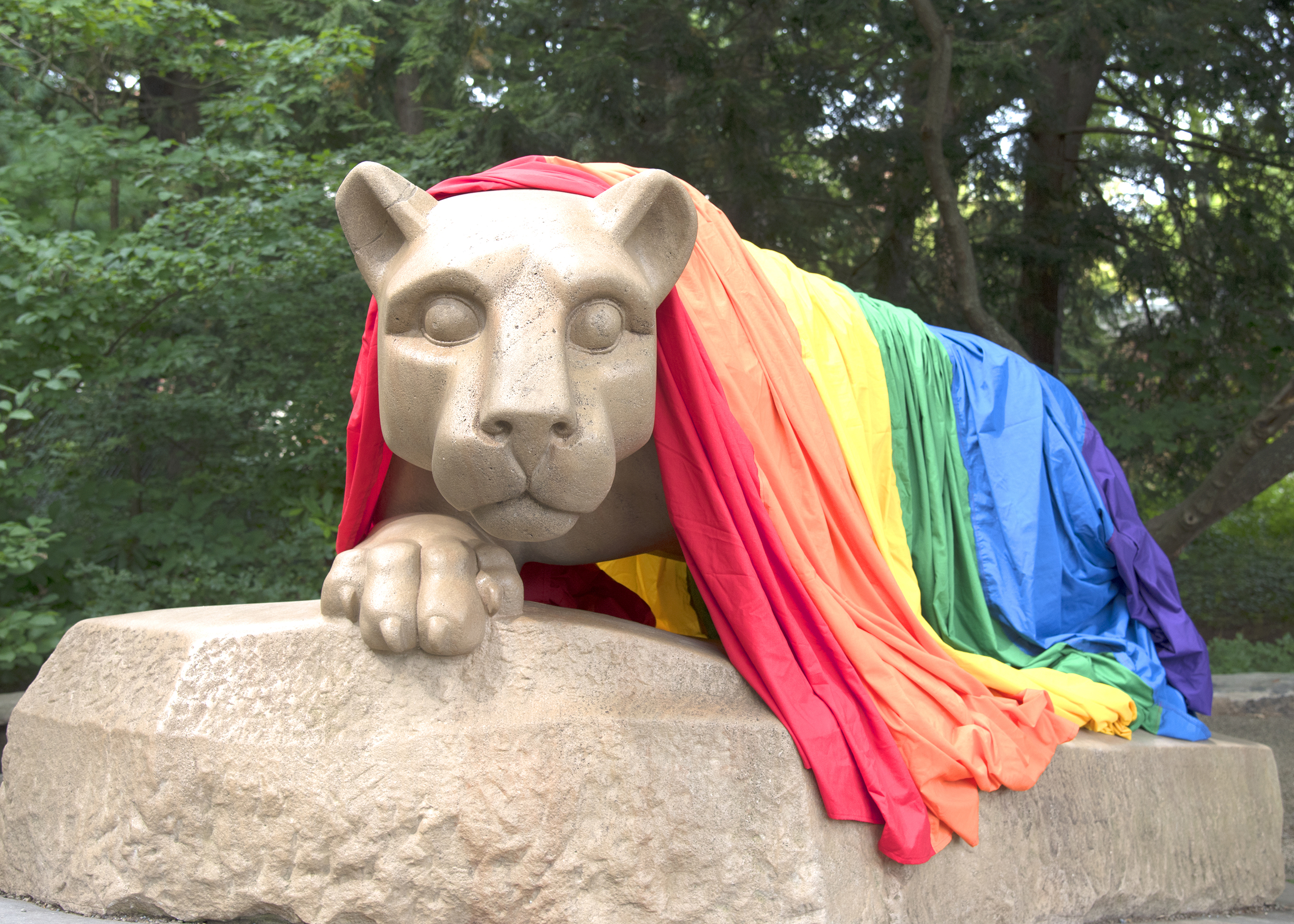 Rainbow flag draped over the Lion Shrine