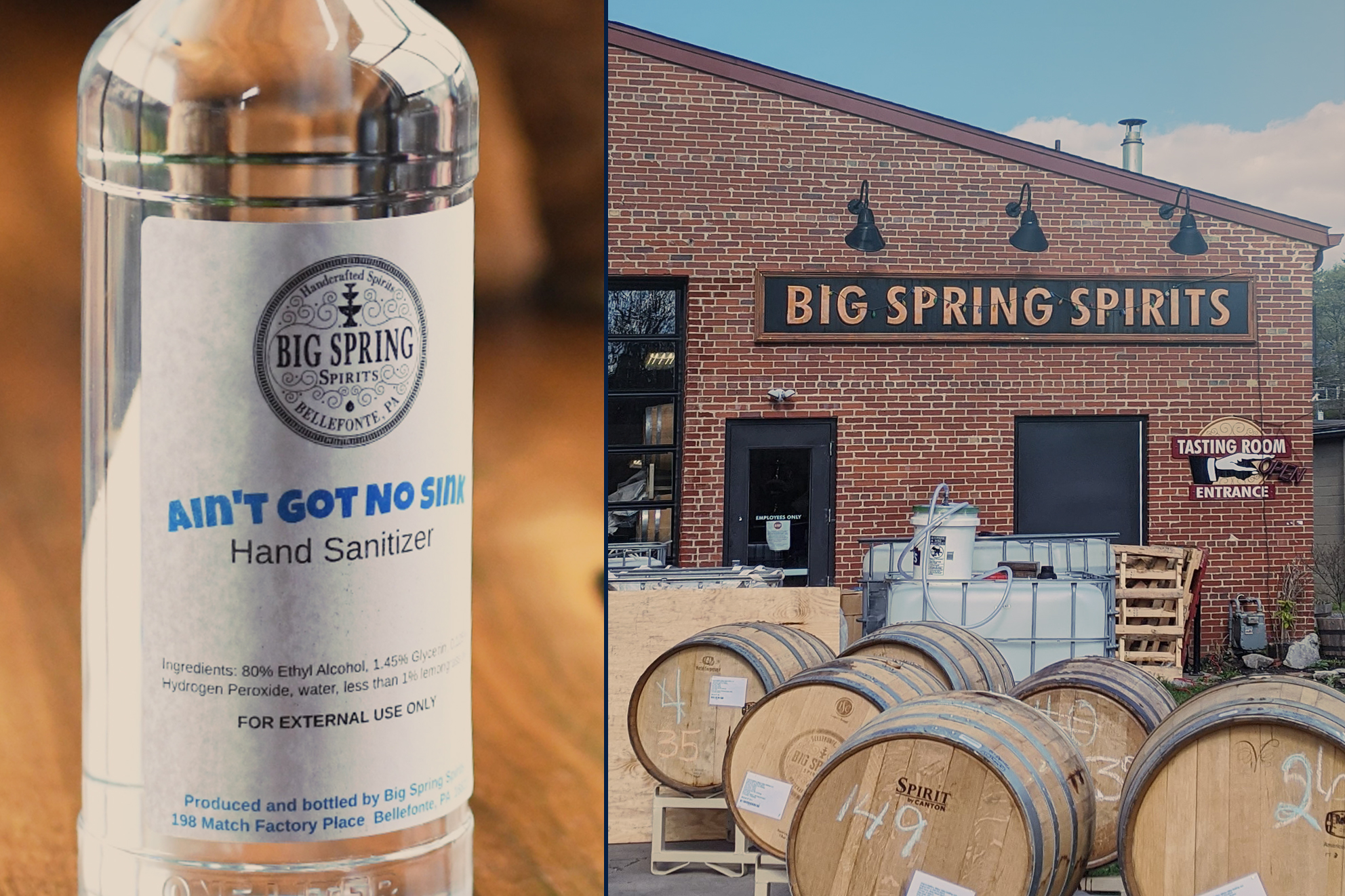 A split-screen image showing a bottle of sanitizer on the left and the Big Spring Spirits building on the right